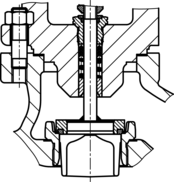Schnittbild: weich dichtender sitzgeführter V-Port-Kegel von SAMSON